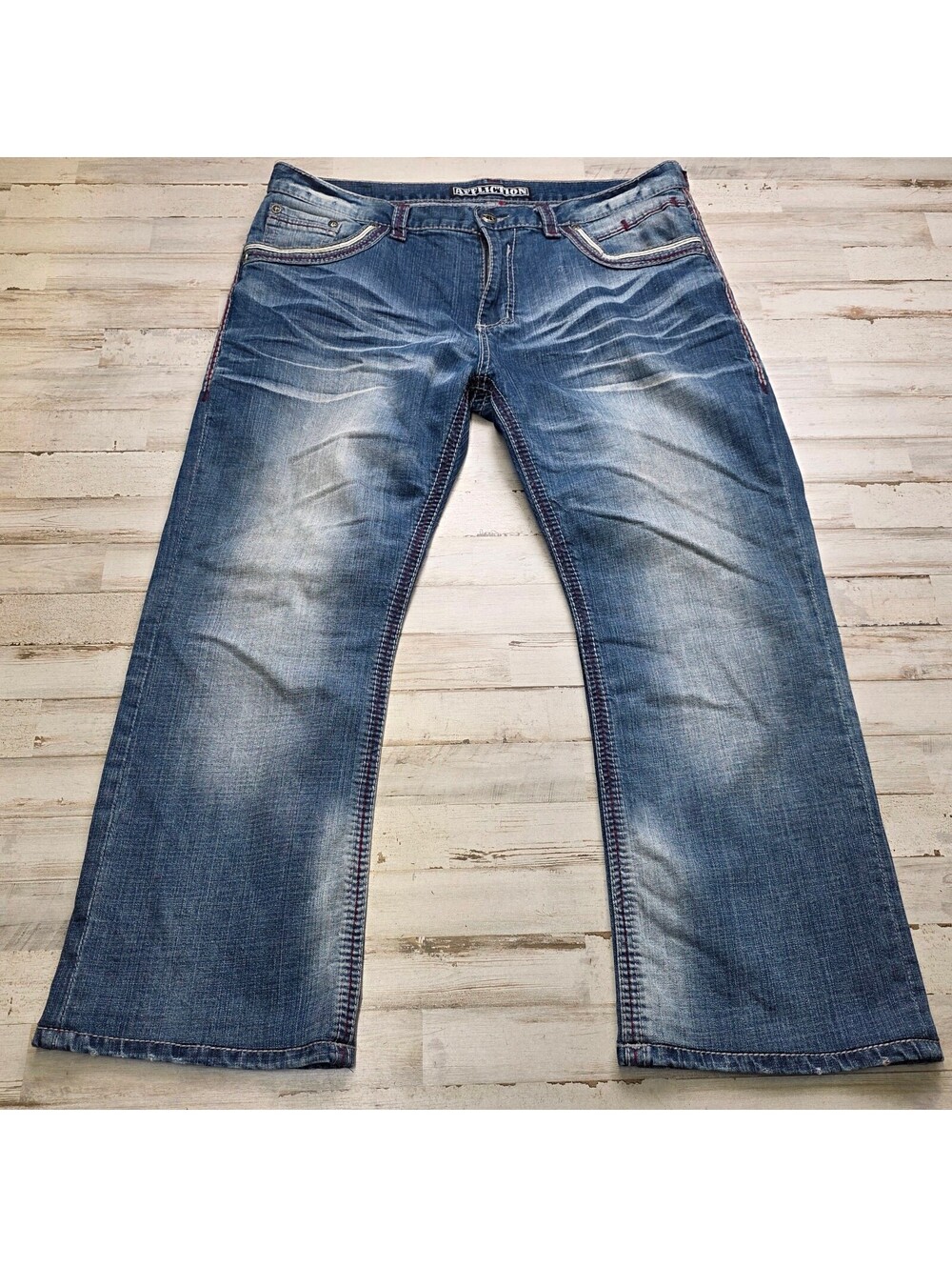 Affliction Cooper Jeans Men's 40x30 Fits 40x29 Blue Distressed Thick Stitch Flap